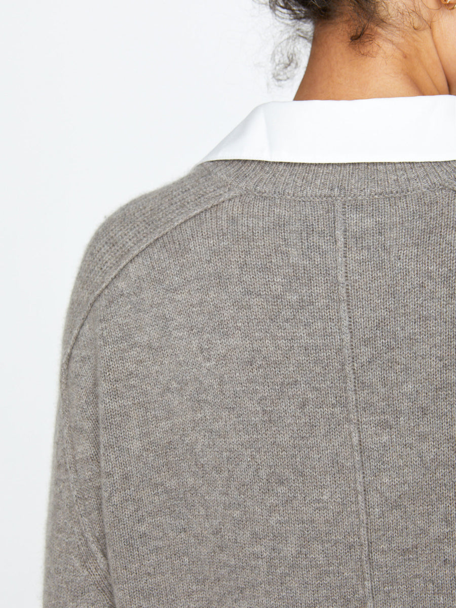 looker heather taupe grey layered v-neck sweater close up 2
