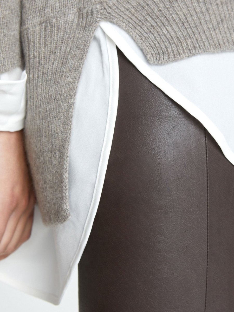 looker heather taupe grey layered v-neck sweater close up