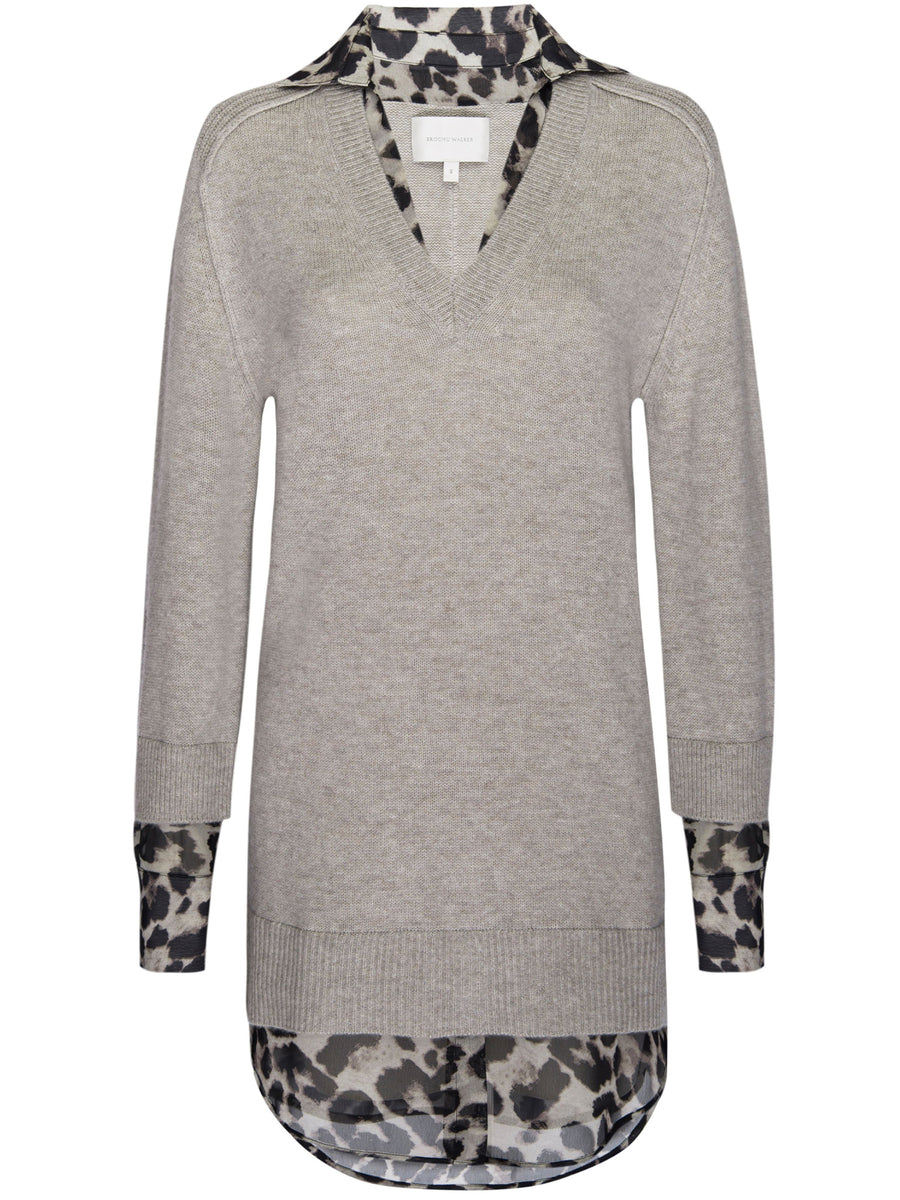 Looker layered v-neck grey and animal print mini sweater dress flat view