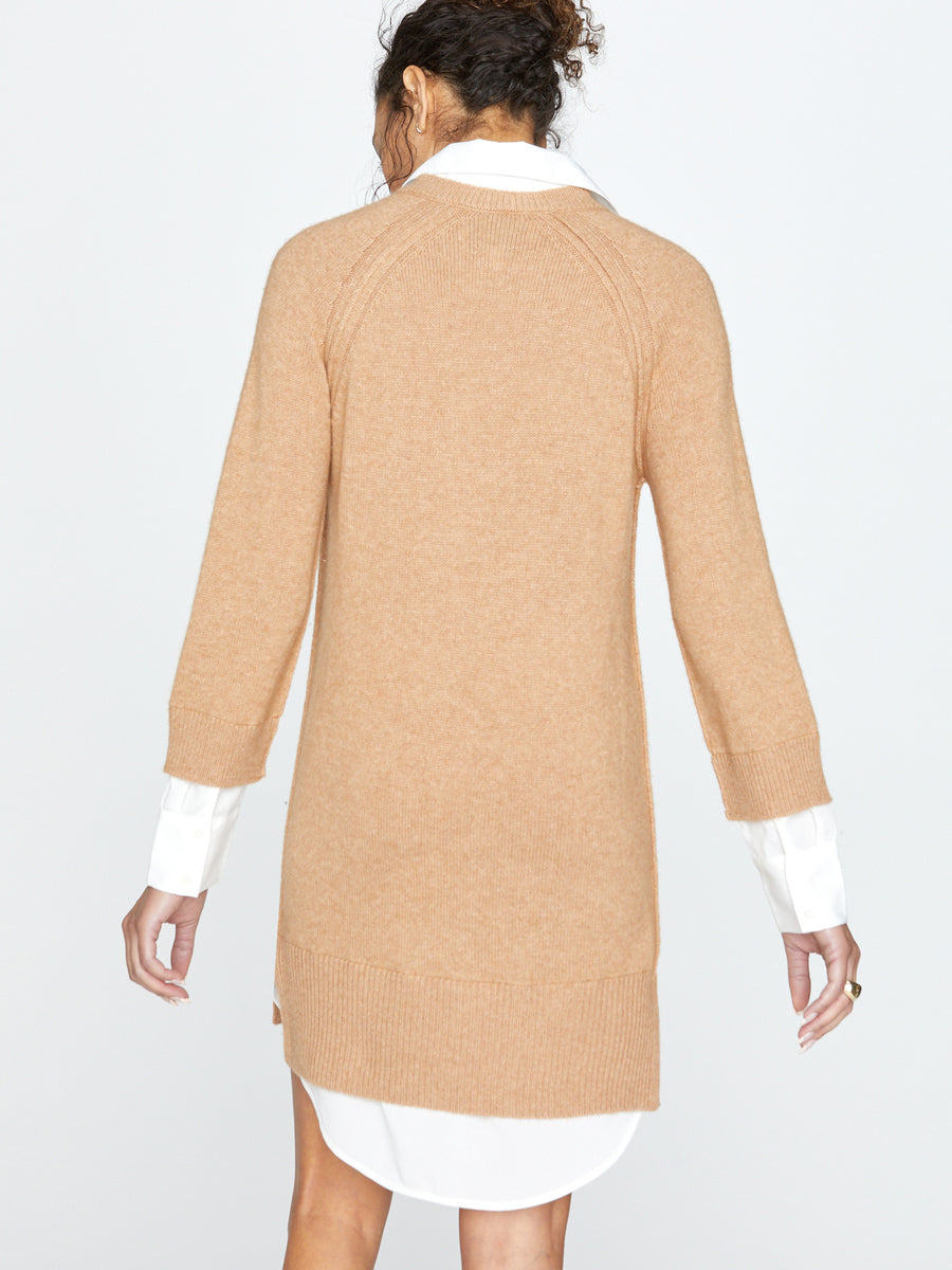 Looker layered v-neck tan mini sweater dress back view