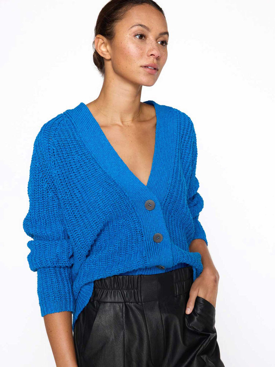 Jen linen cotton blue cardigan sweater front view 2