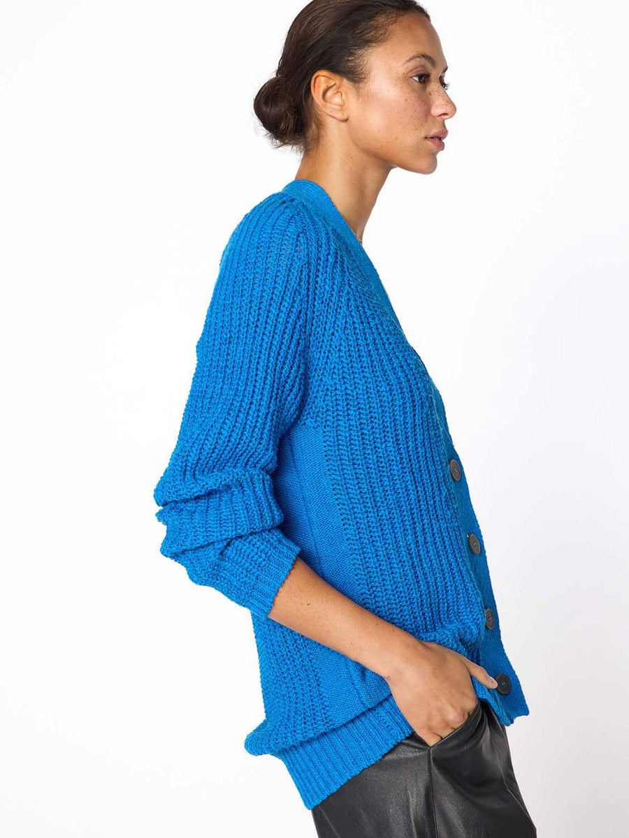 Jen linen cotton blue cardigan sweater side view 3
