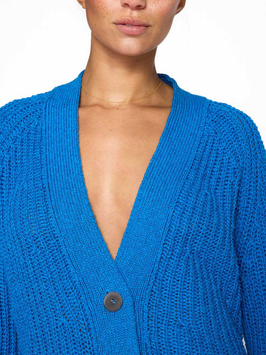 Jen linen cotton blue cardigan sweater close up