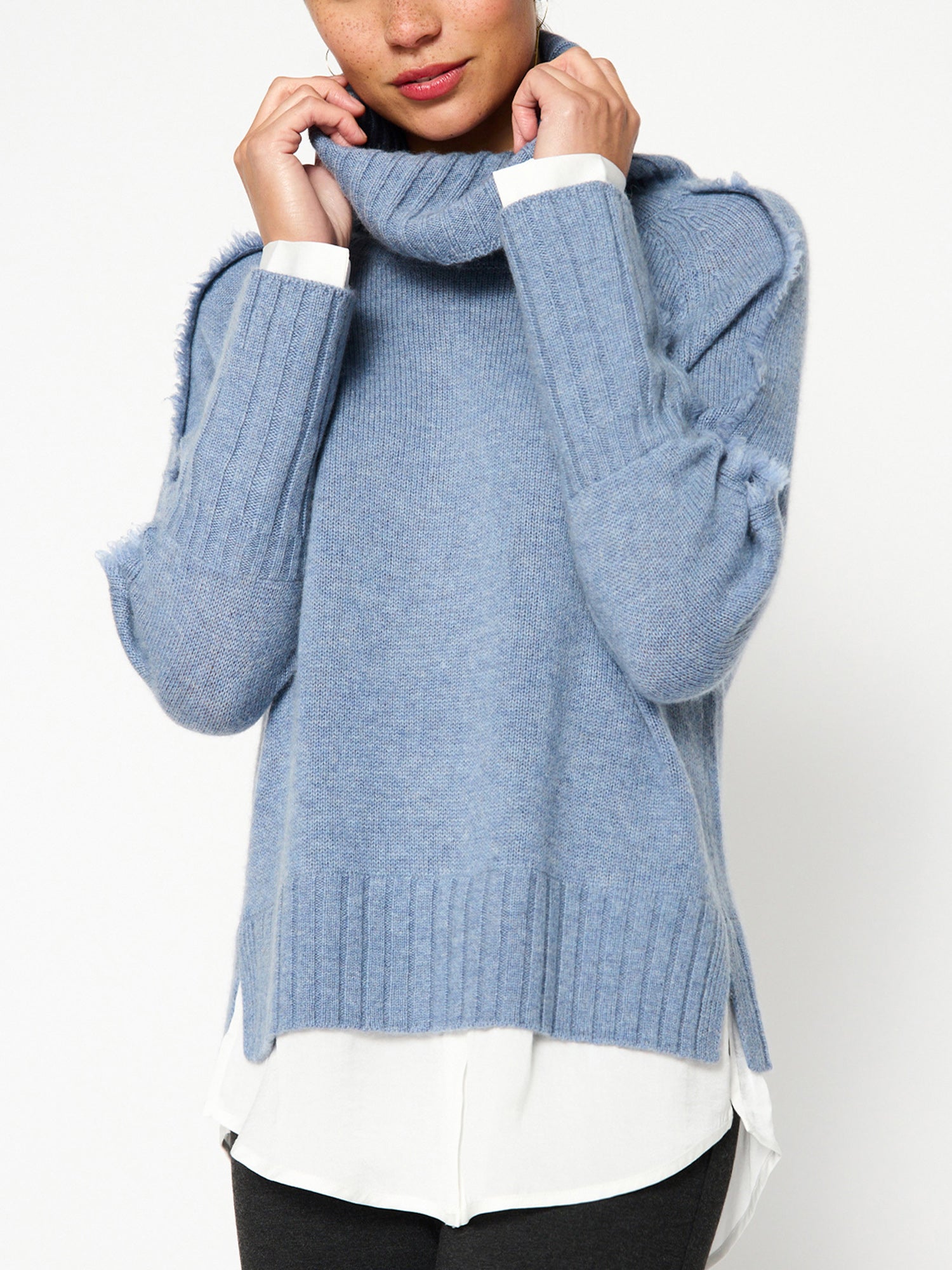 Jolie blue layered turtleneck sweater front view 2
