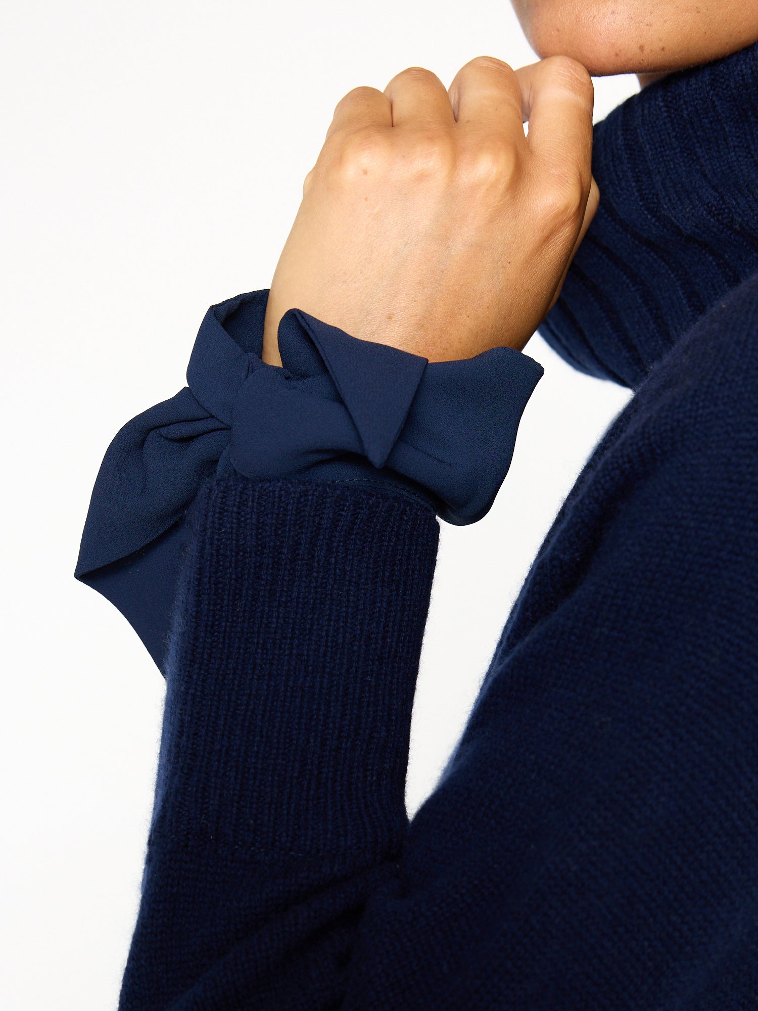 Josie navy layered tie sleeve turtleneck sweater close up