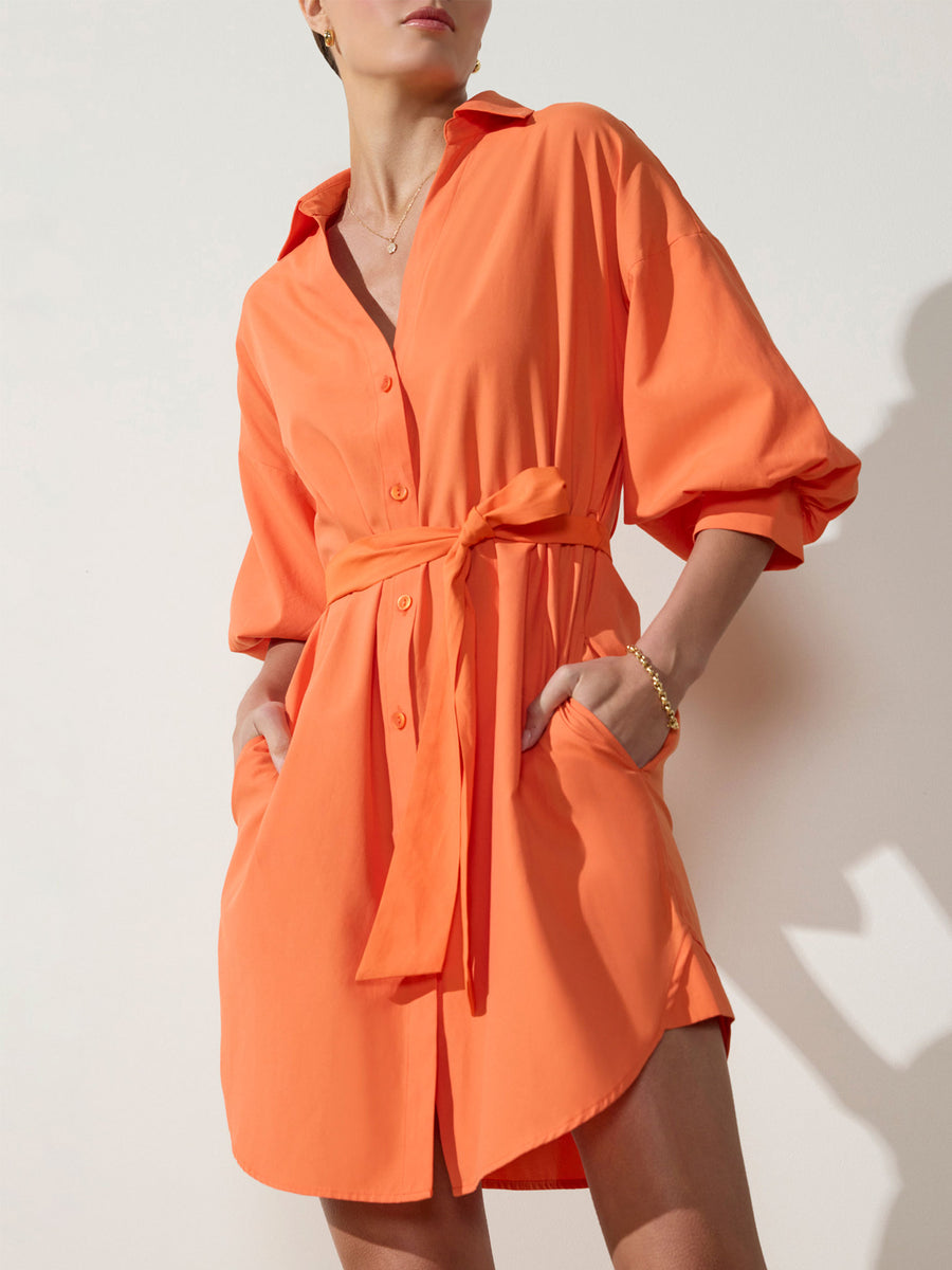 Kate belted button up mini dress orange front view 2