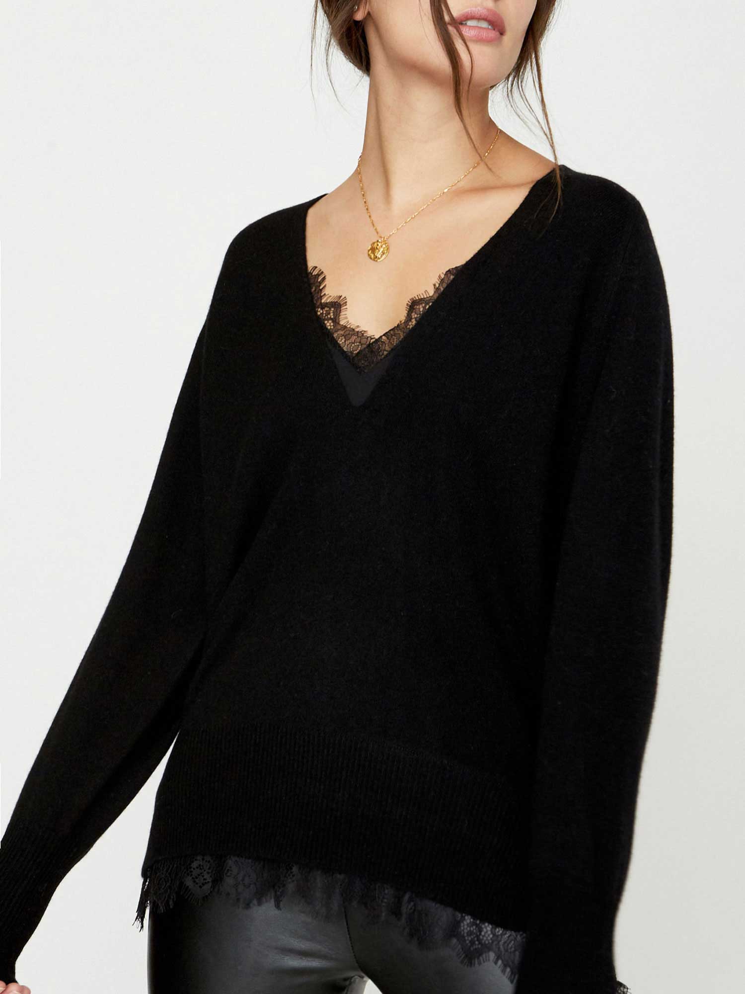 Black lace layered v-neck sweater front view 2