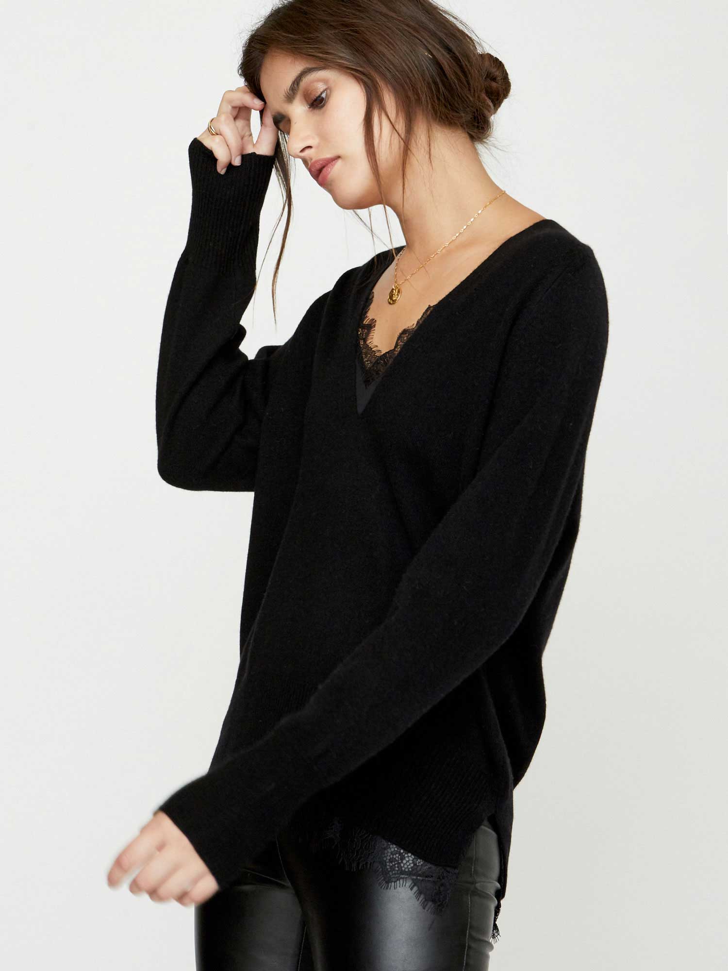 Black lace layered v-neck sweater side view