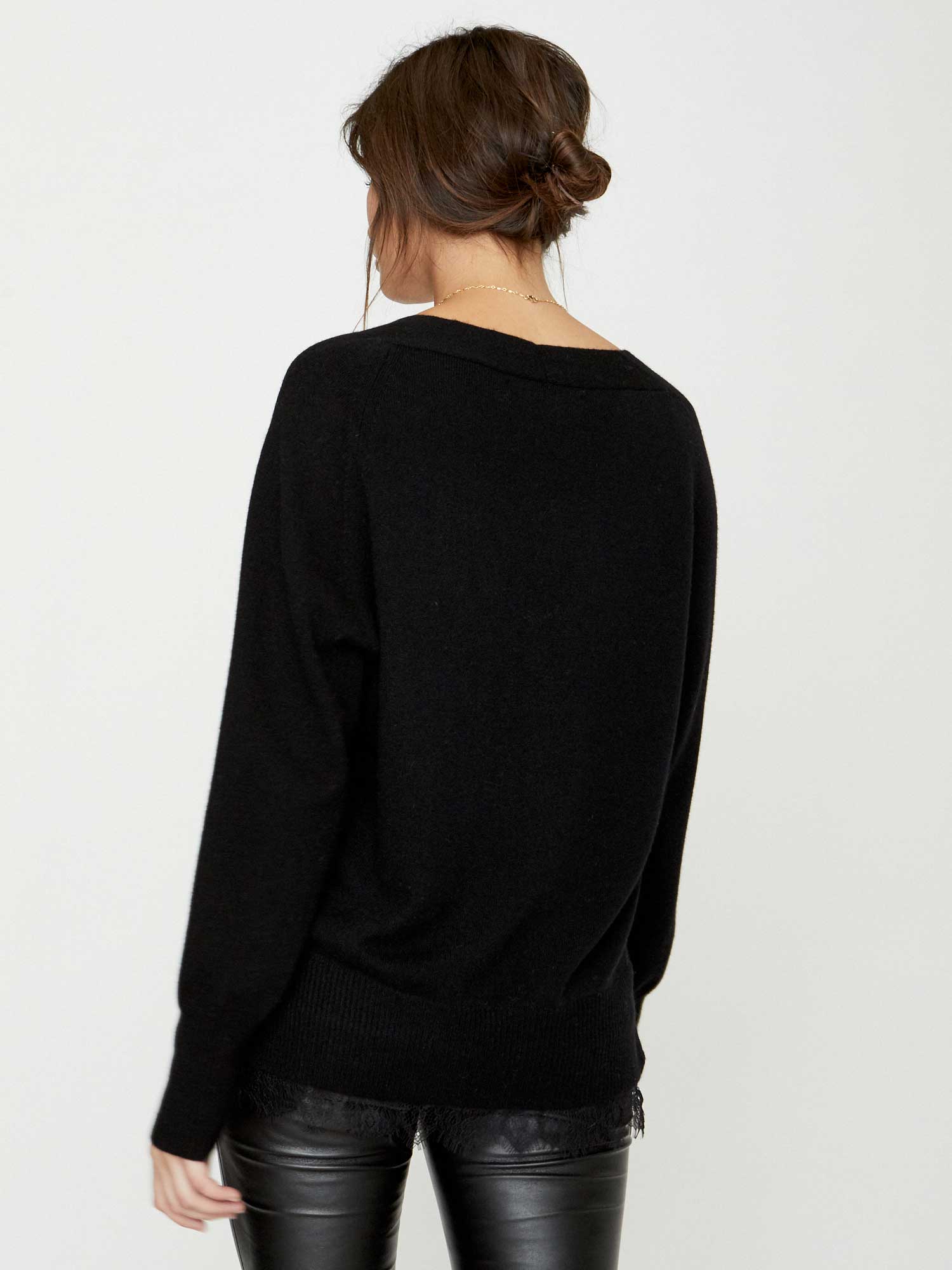 Black lace layered v-neck sweater back view
