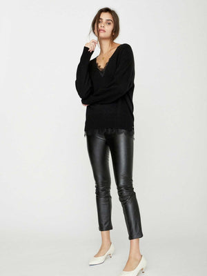 Black lace layered v-neck sweater full view