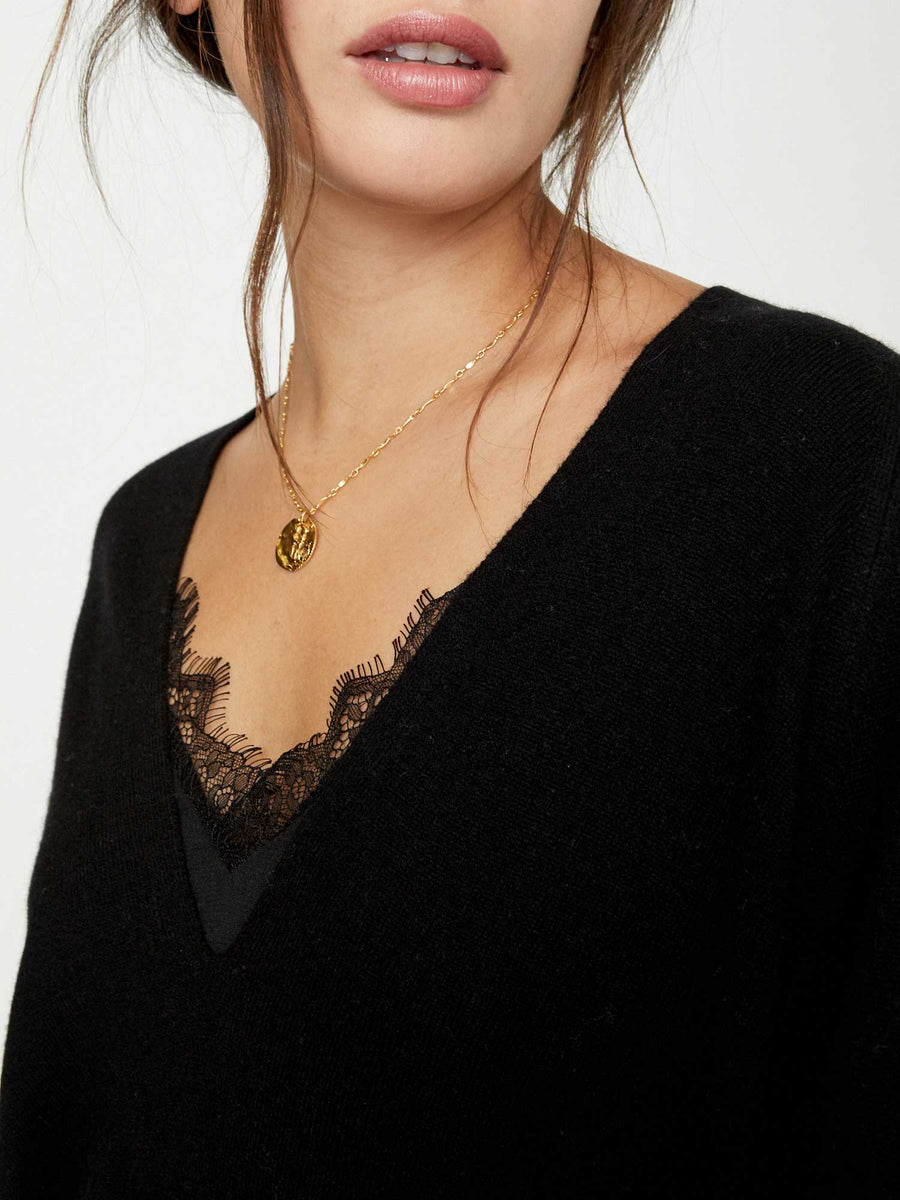 Black lace layered v-neck sweater close up