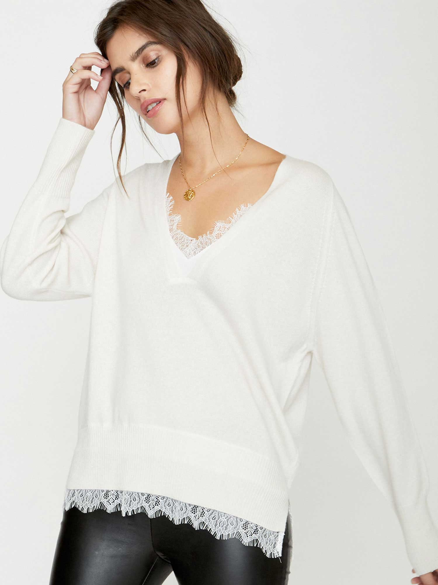 White lace layered v-neck sweater front view 2