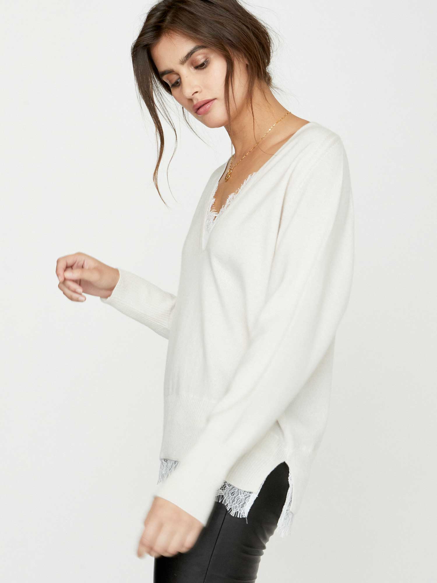 White lace layered v-neck sweater side view