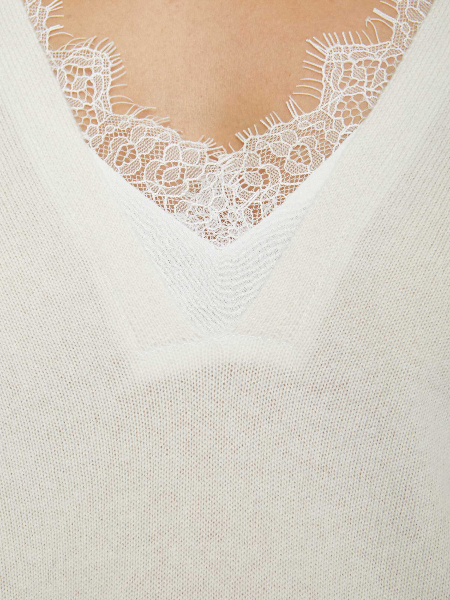 White lace layered v-neck sweater close up 2