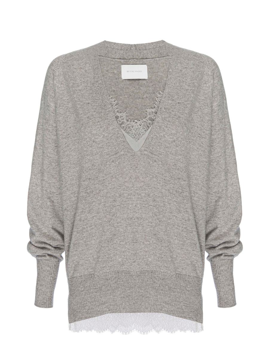 Light grey lace layered v-neck sweater flat view