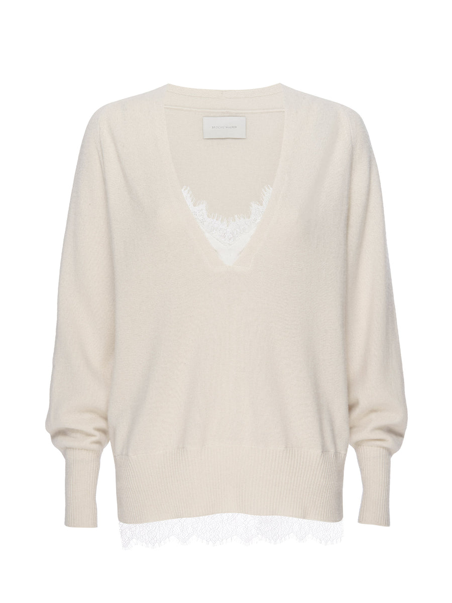 Women's Lace V-neck Layered Sweater in White