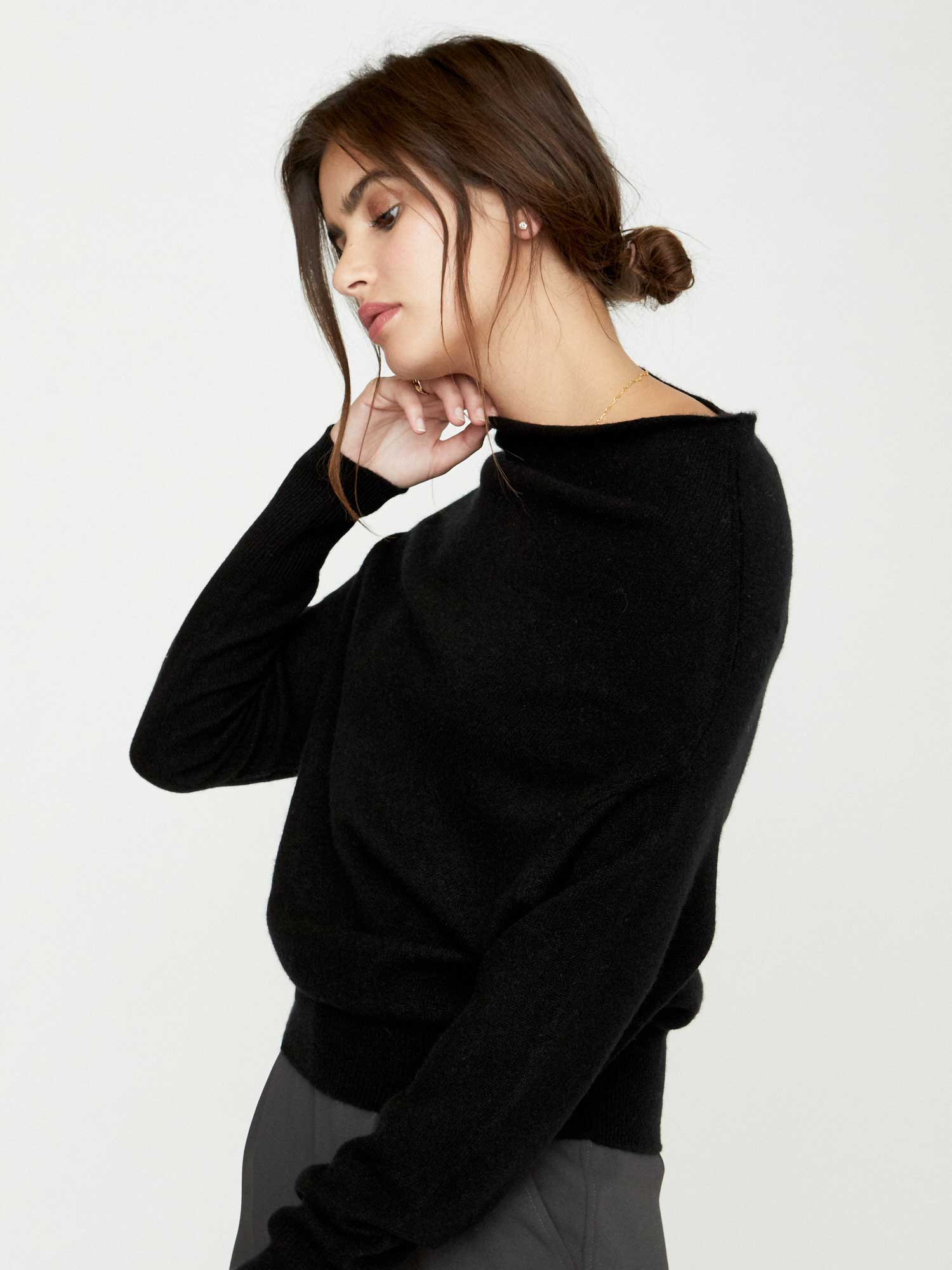 Lori cashmere off shoulder black sweater side view