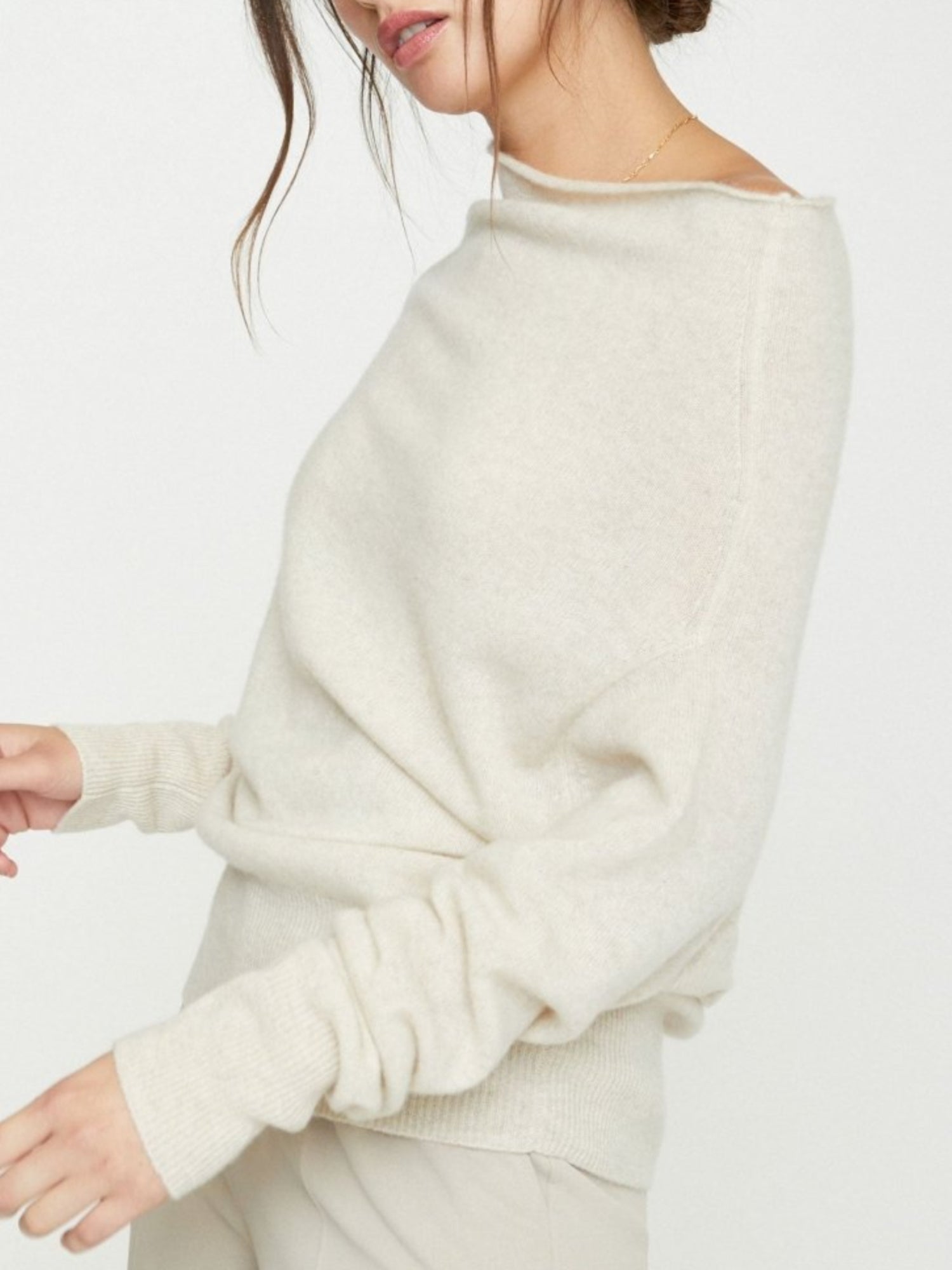 Lori cashmere ivory off shoulder sweater side view