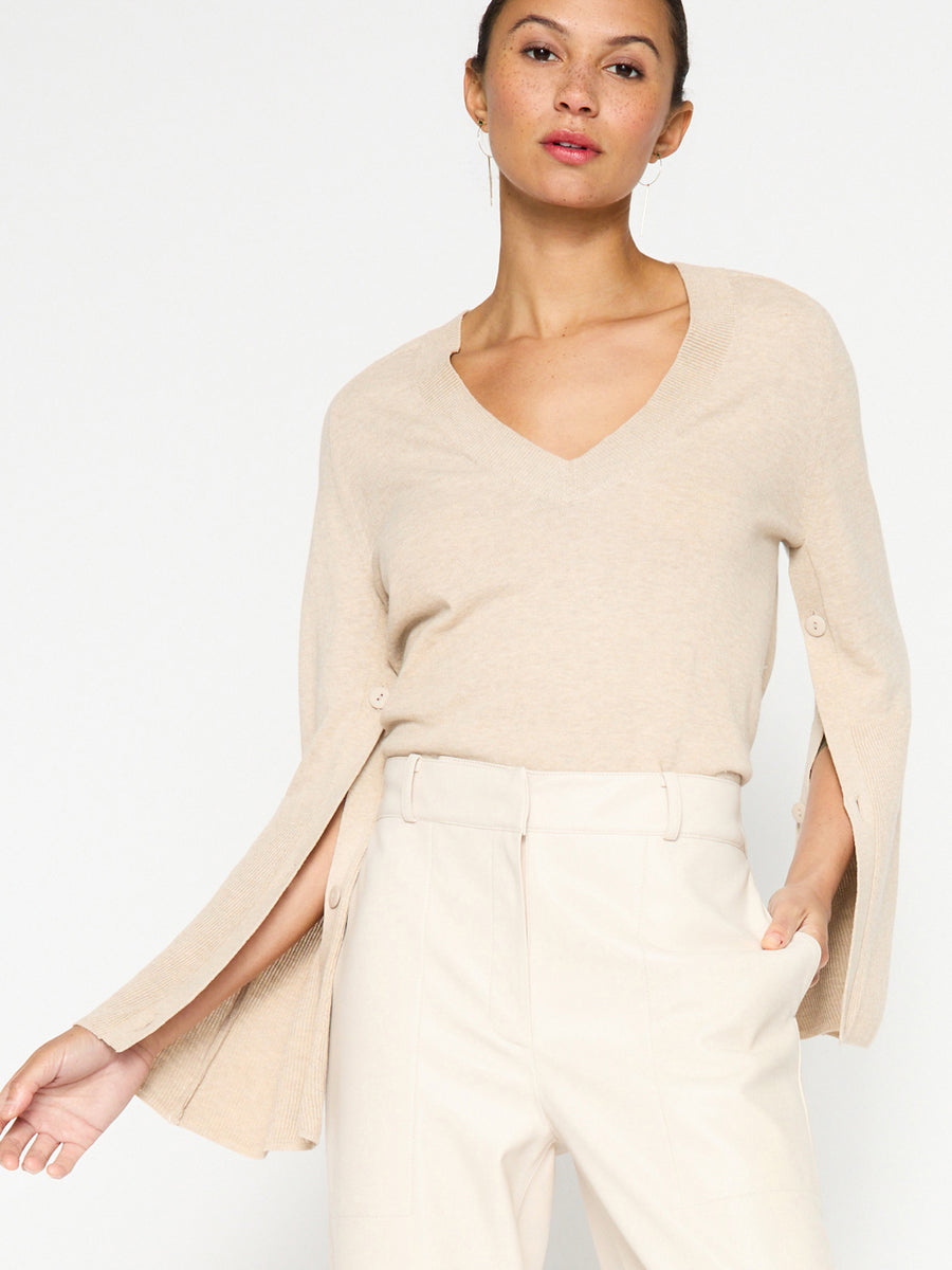 Larson flare sleeve v-neck cotton sweater front view