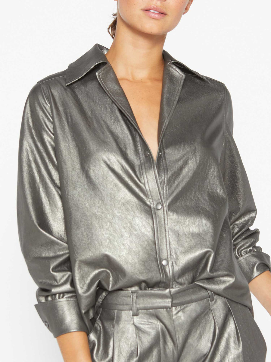 Layra shiny metallic grey vegan leather buttondown shirt front view
