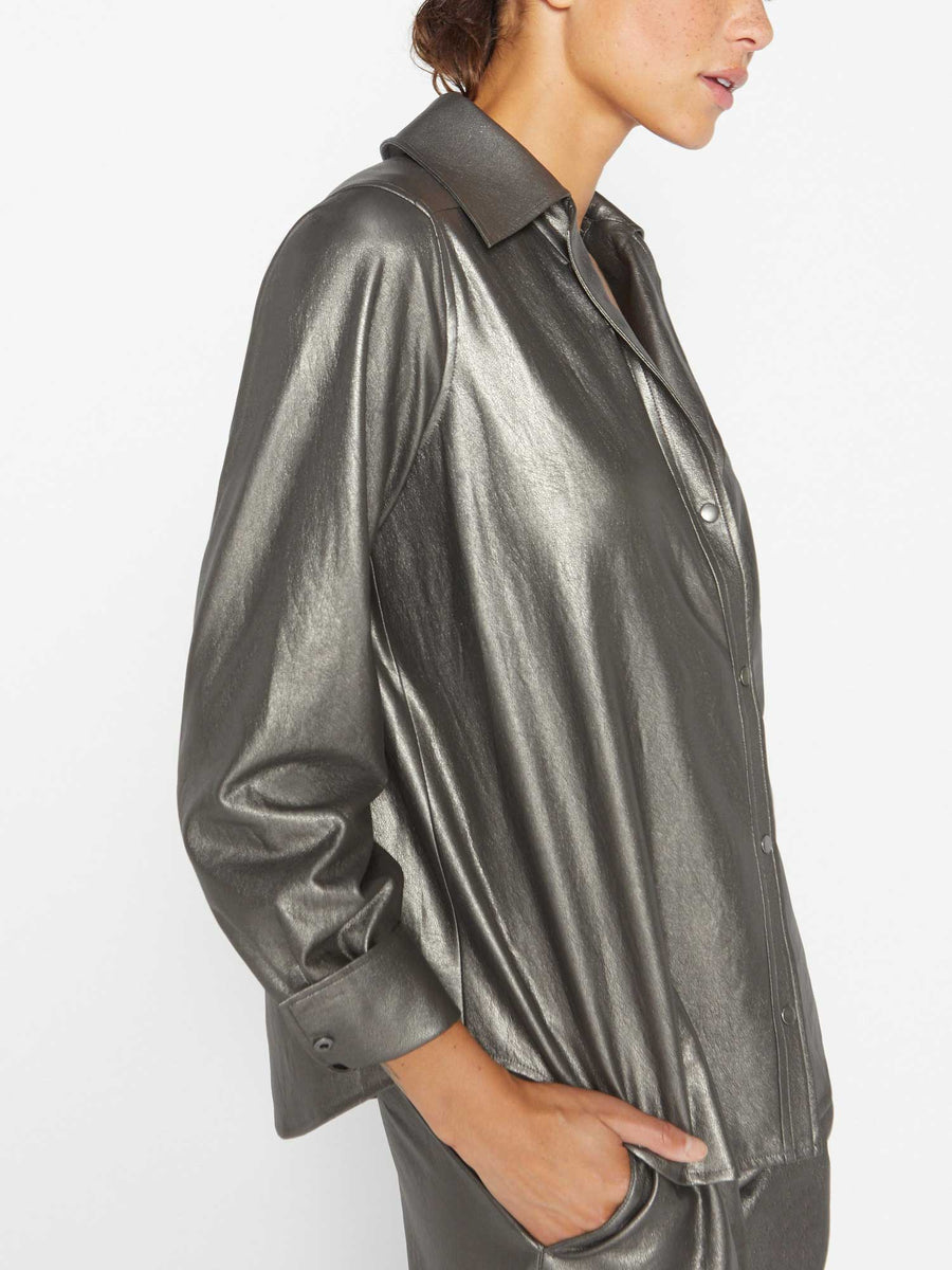 Layra shiny metallic grey vegan leather buttondown shirt side view 2
