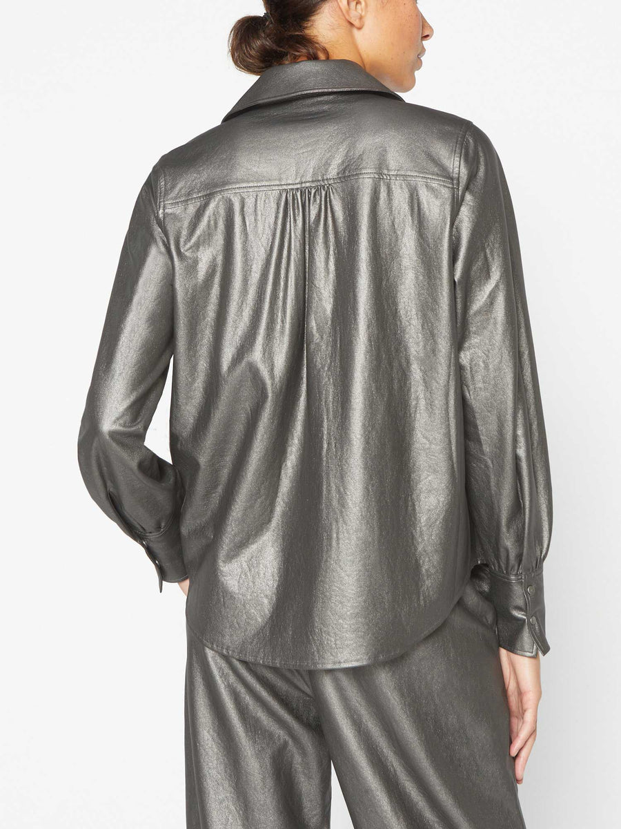 Layra shiny metallic grey vegan leather buttondown shirt back view