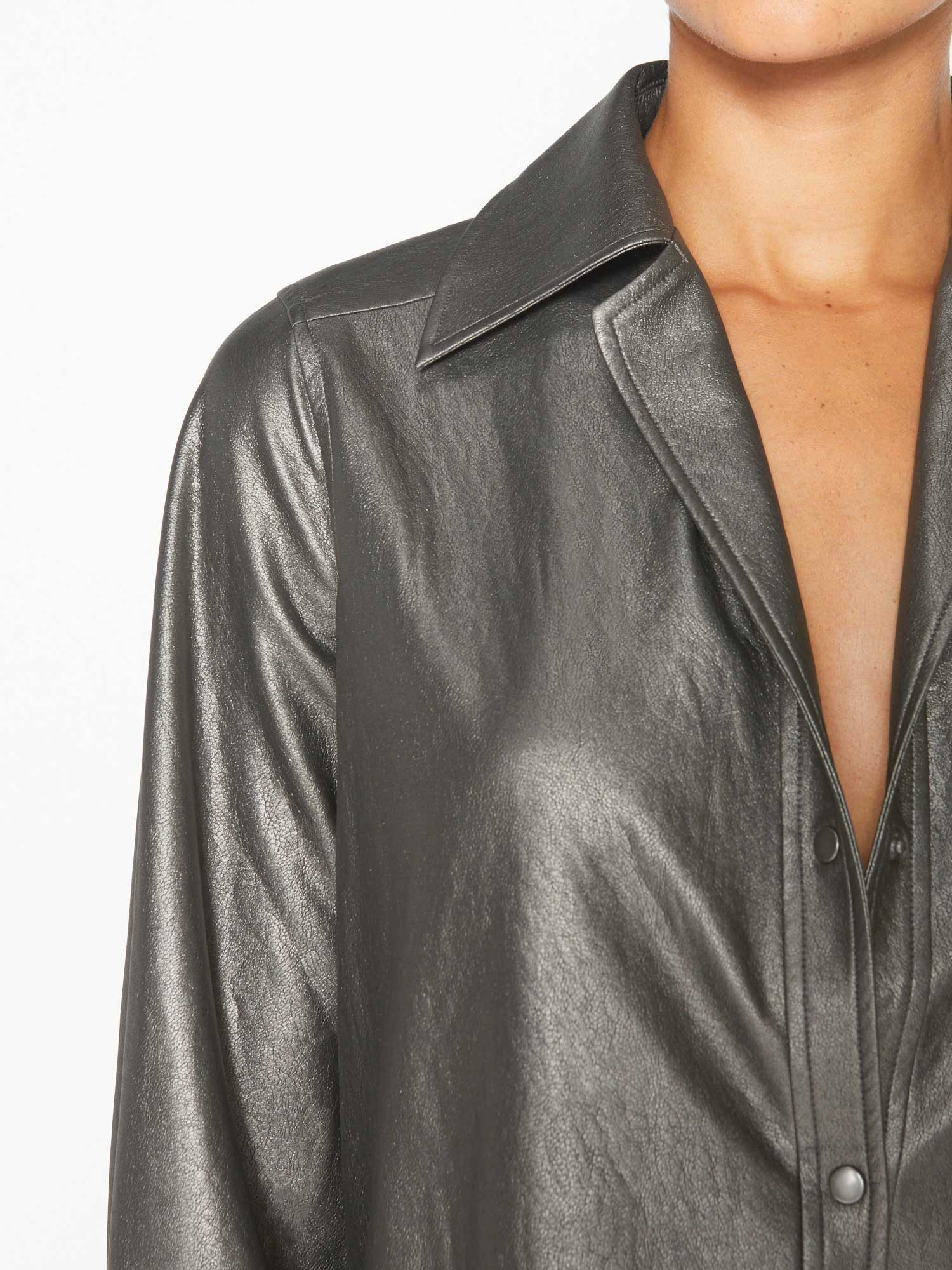 Layra shiny metallic grey vegan leather buttondown shirt close up