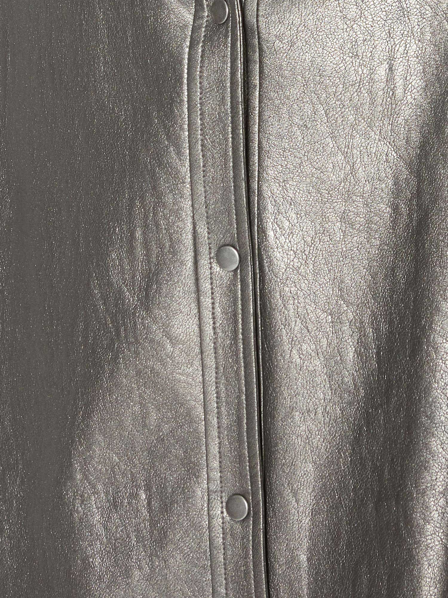 Layra shiny metallic grey vegan leather buttondown shirt close up 2