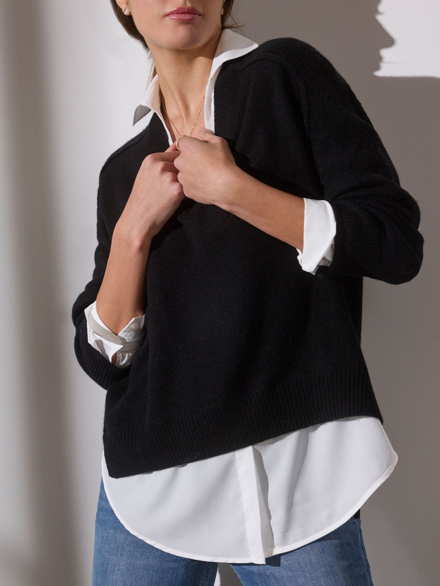 Looker black layered v-neck sweater front view
