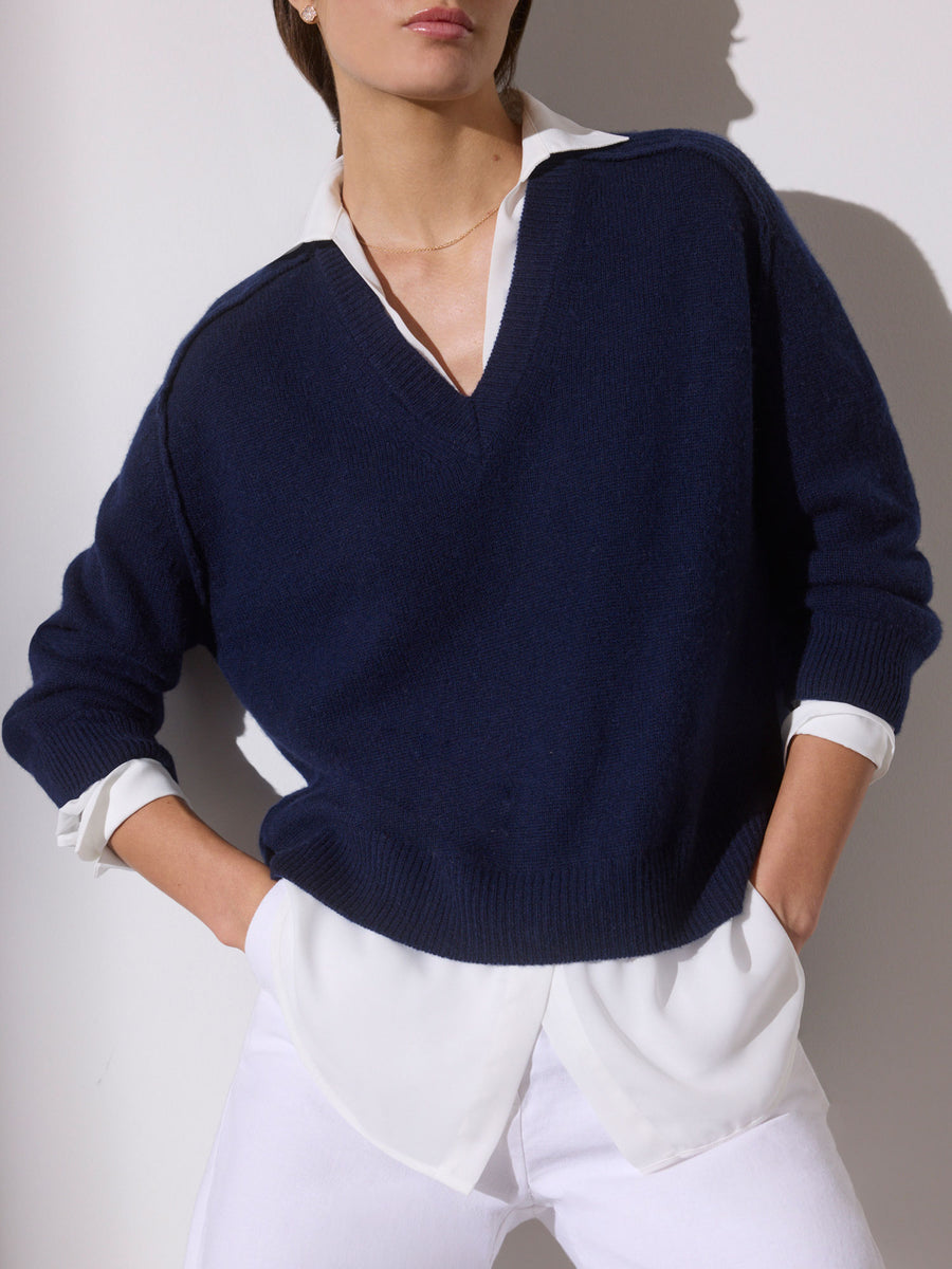 Looker navy layered v-neck sweater front view