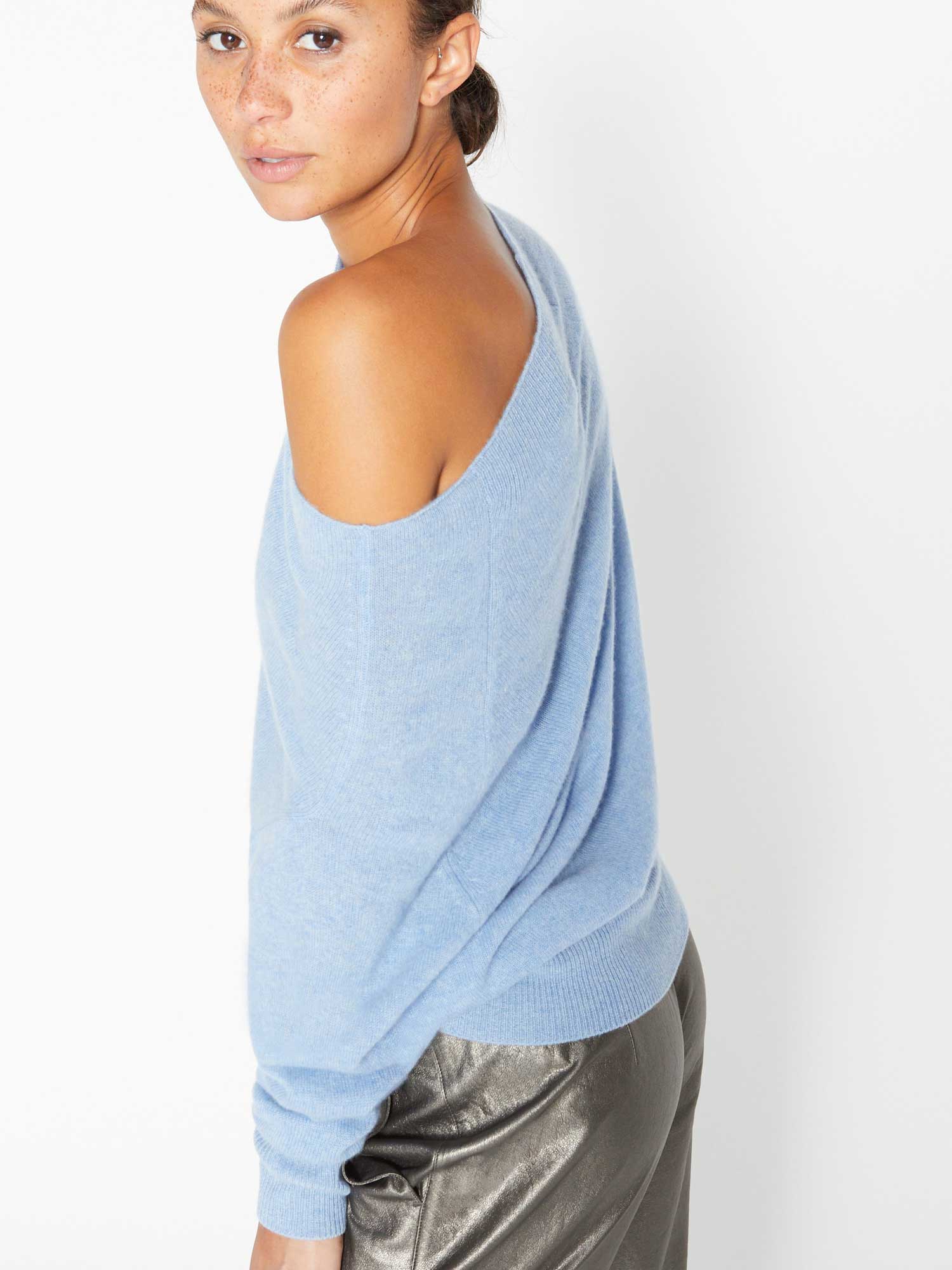 Lori cashmere off shoulder blue sweater side view