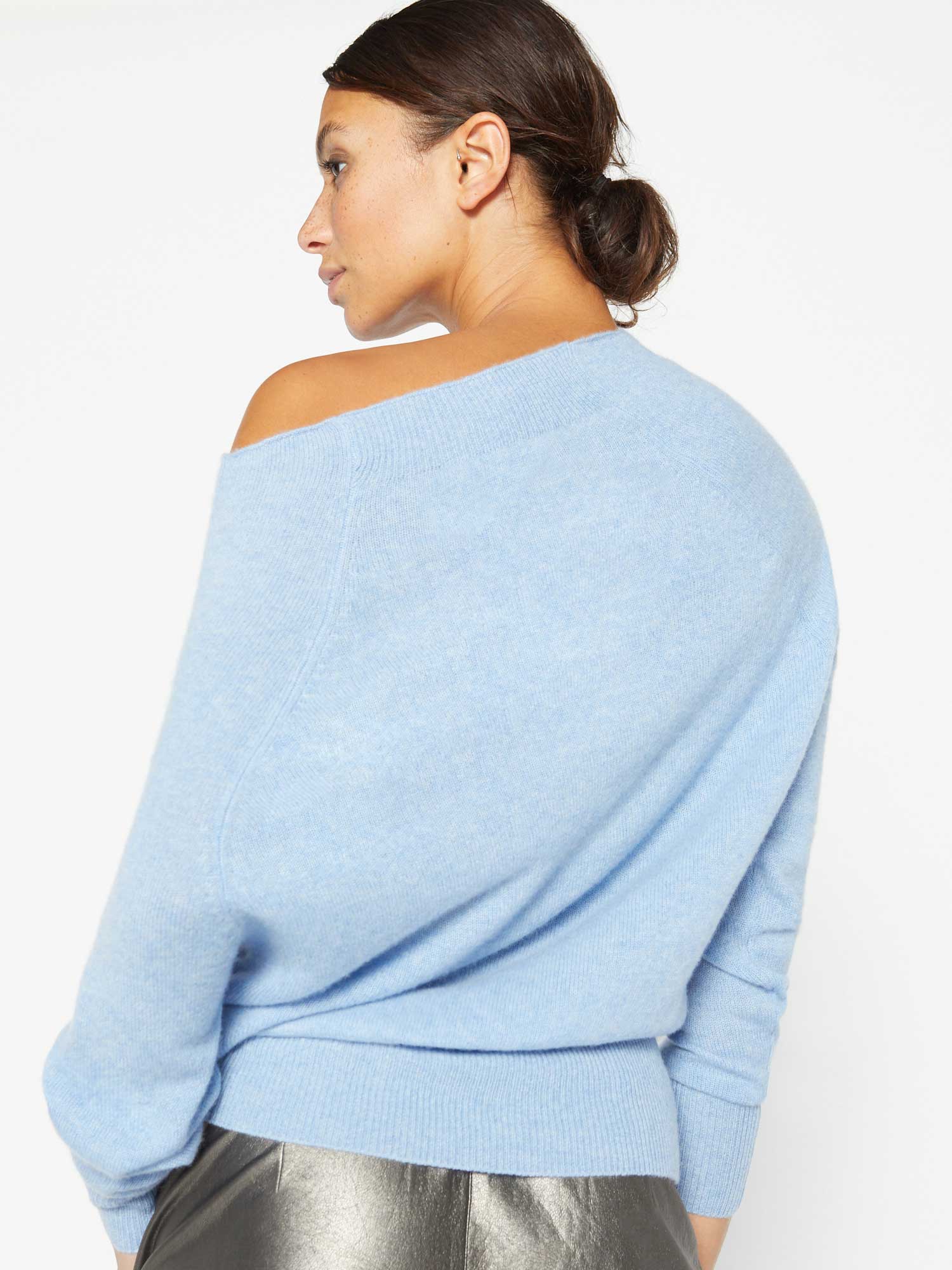 Lori cashmere off shoulder blue sweater back view