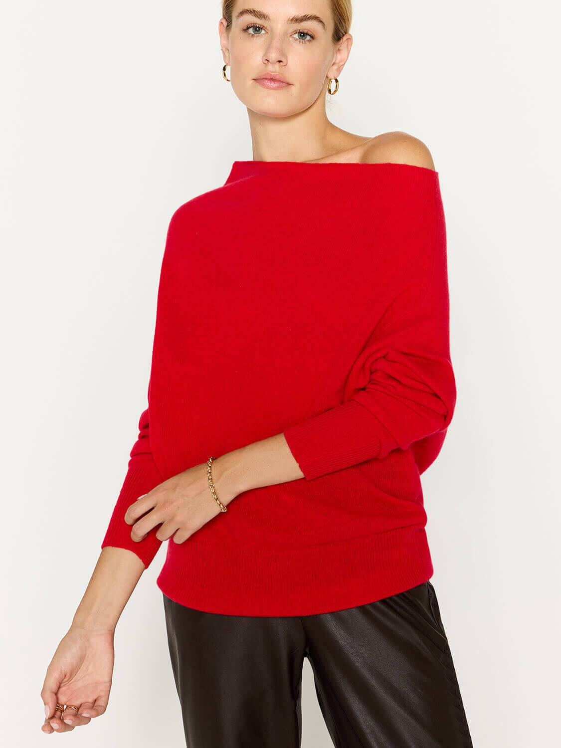 Lori cashmere off shoulder red sweater front view 2