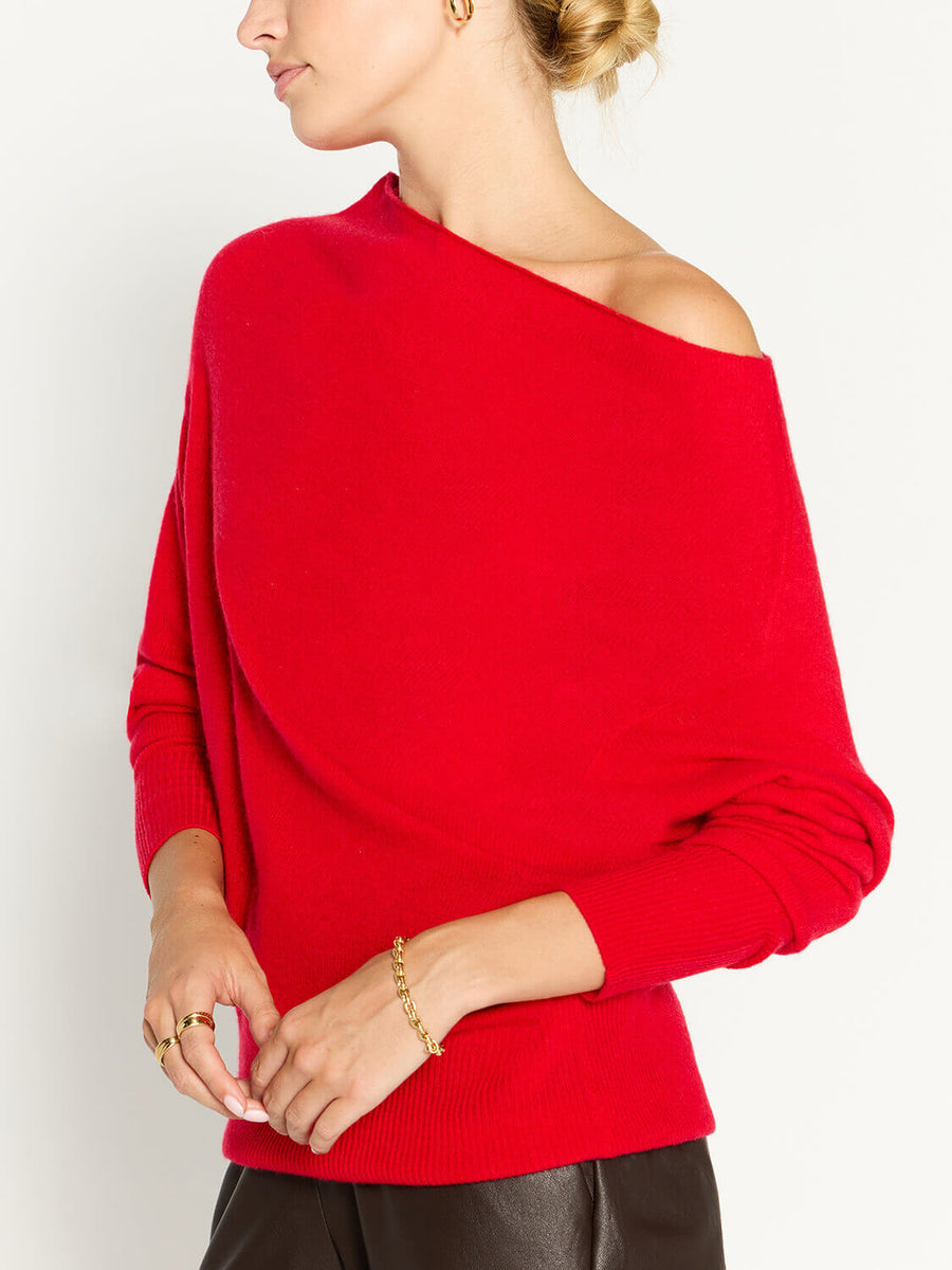 Lori cashmere off shoulder red sweater front view 3