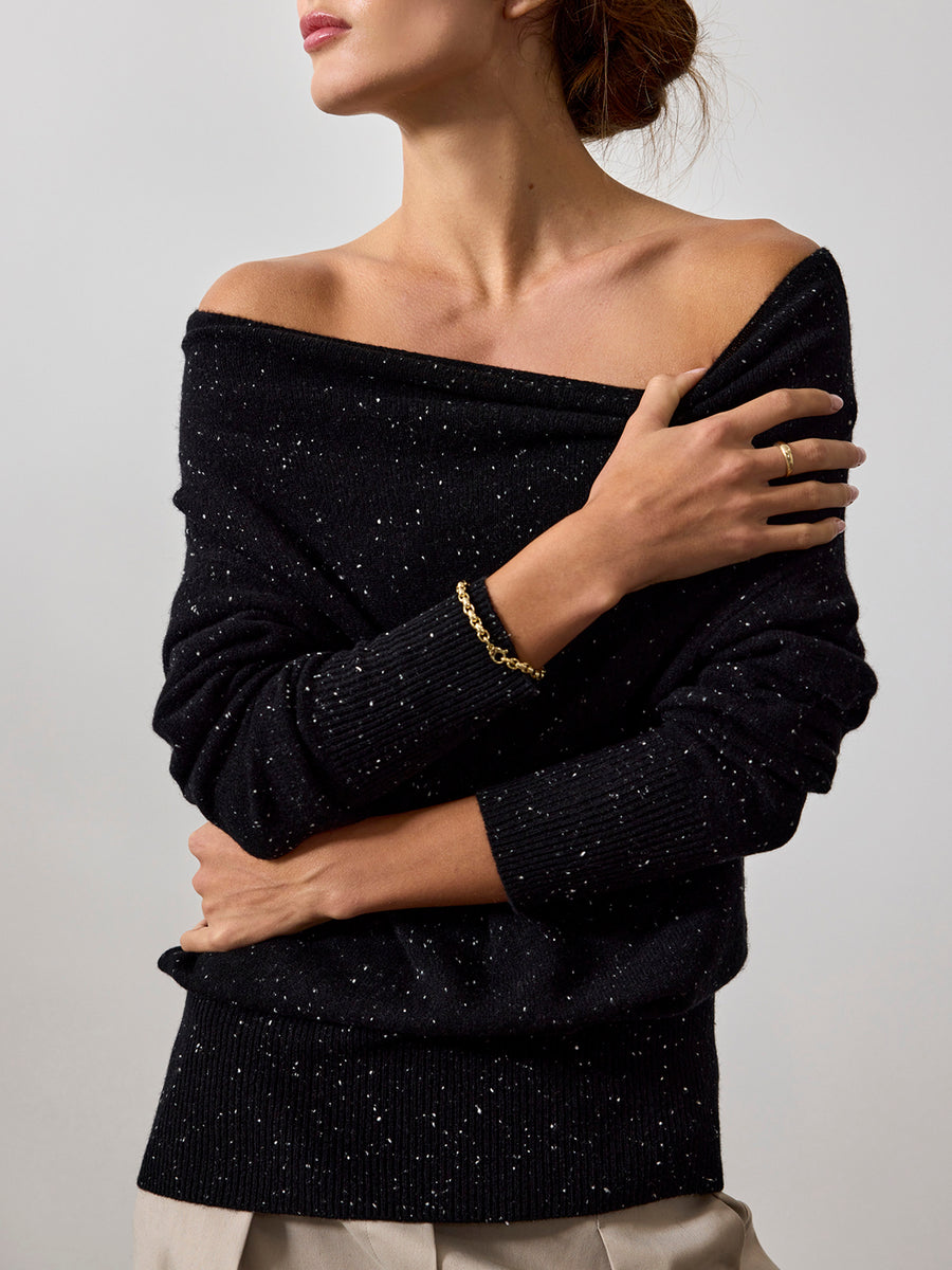 Lori cashmere off shoulder black multi sweater front view