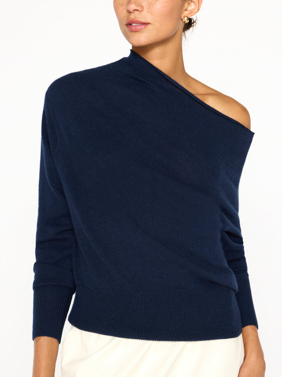 Lori cashmere off shoulder navy sweater front view