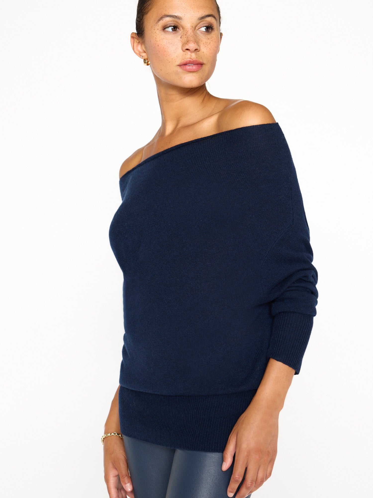 Lori cashmere off shoulder navy sweater side view