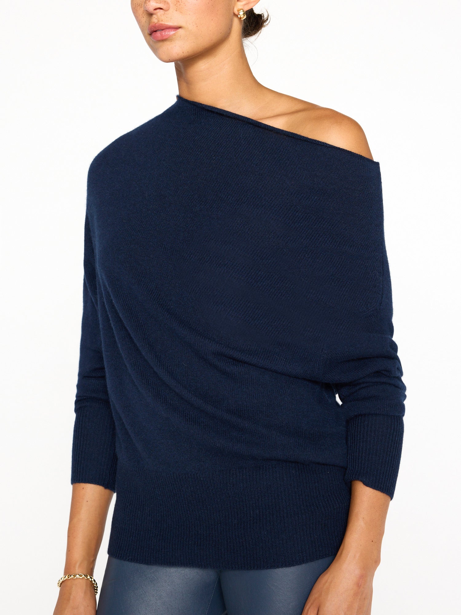 Lori cashmere off shoulder navy sweater front view 2