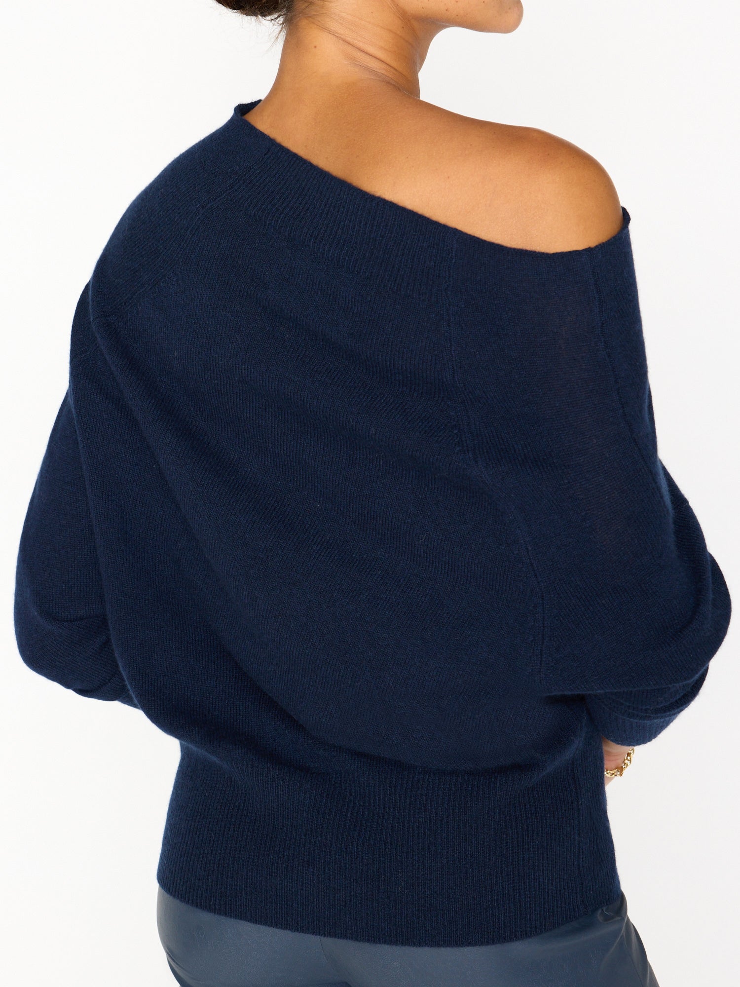 Lori cashmere off shoulder navy sweater back view