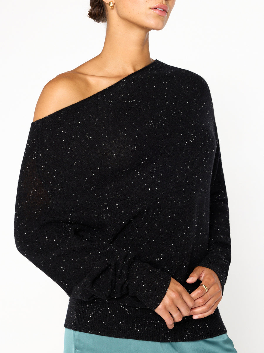 Lori cashmere off shoulder black multi sweater side view