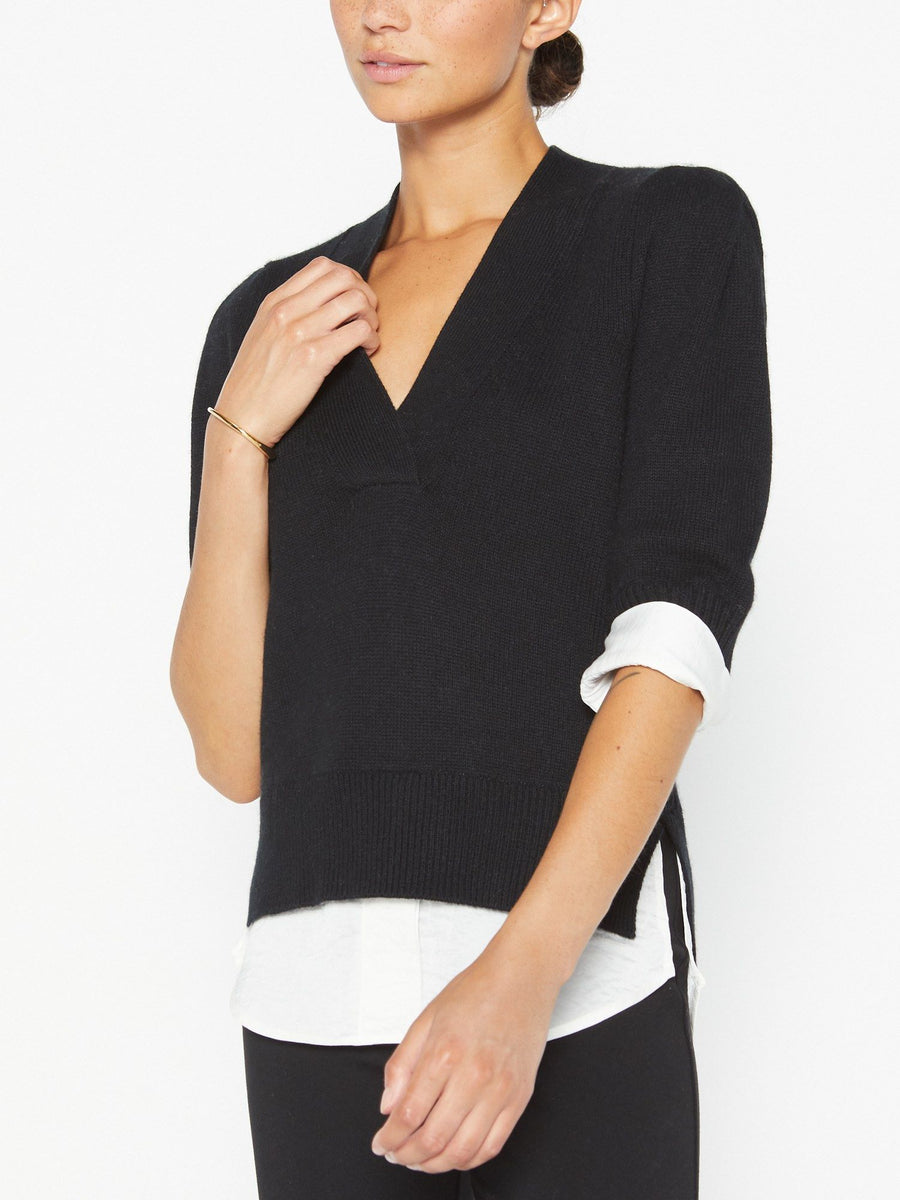 Lucie black layered three-quarter sleeve v-neck sweater front view