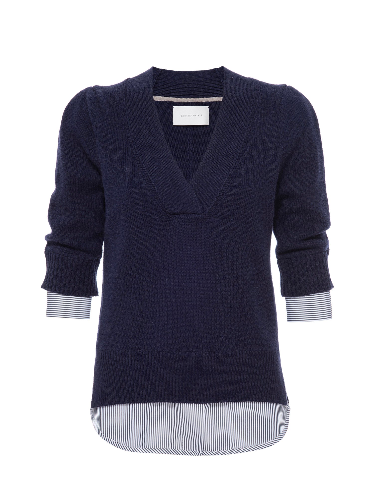 Lucie navy stripe layered three-quarter sleeve v-neck sweater flat view
