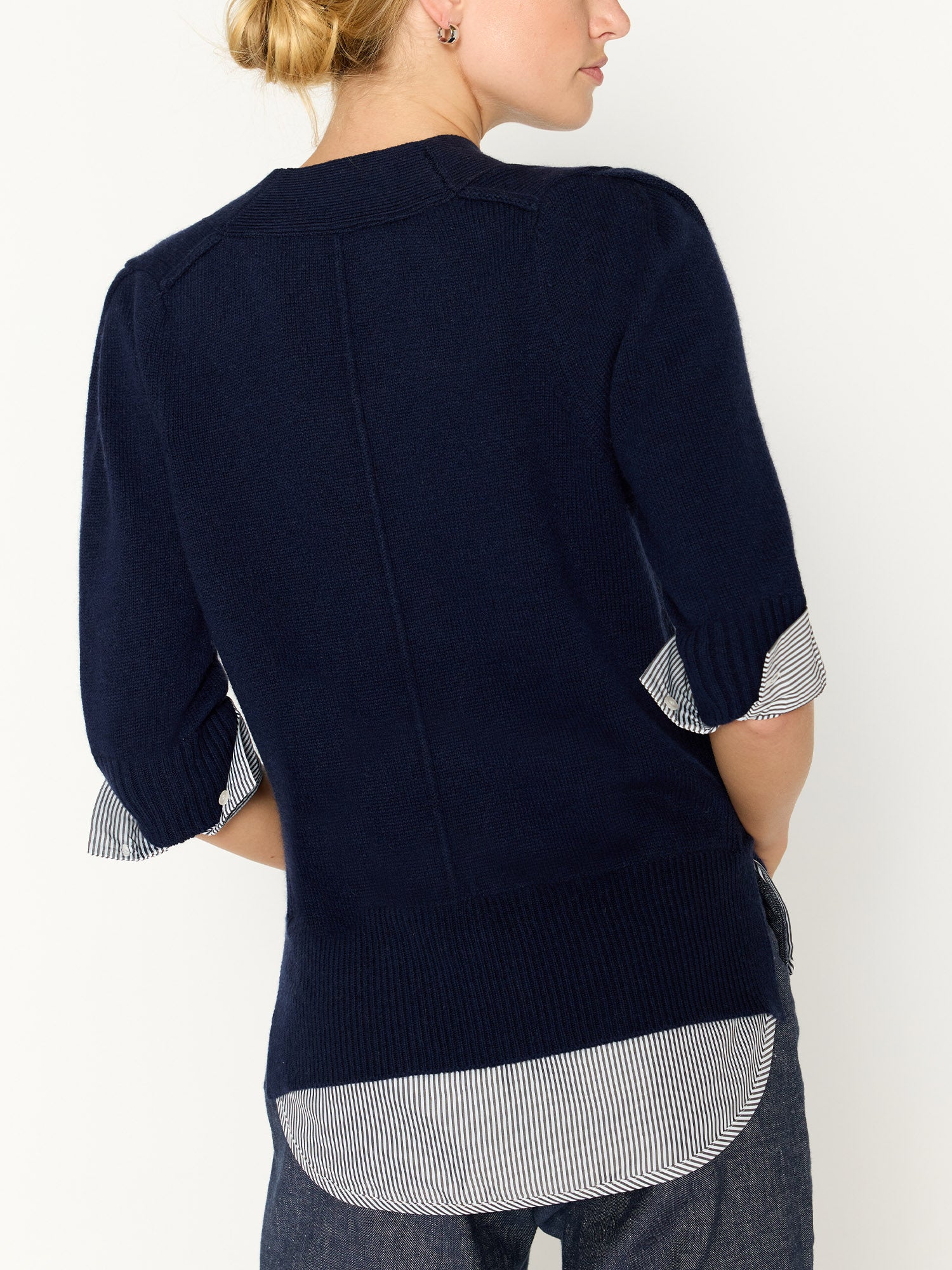 Lucie navy stripe layered three-quarter sleeve v-neck sweater back view