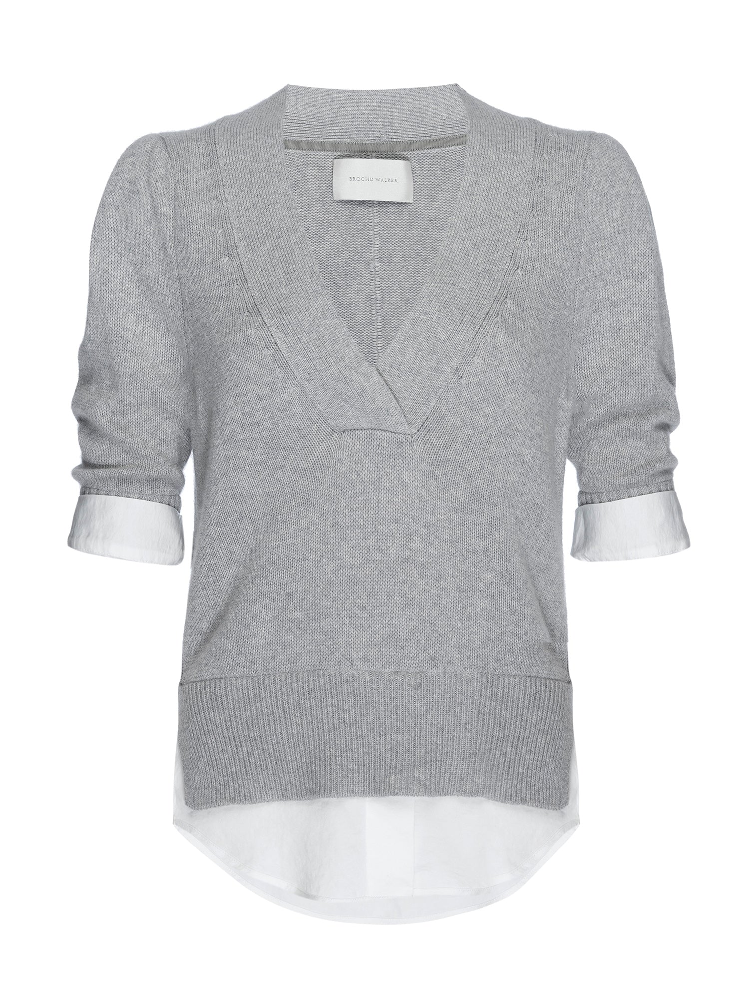 Lucie grey with white layered three-quarter sleeve v-neck sweater flat view