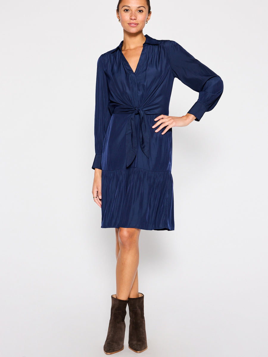 Madsen satin kneelength navy tiered dress front view
