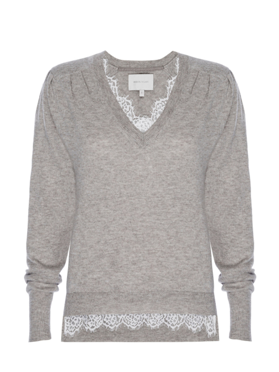 Marcella light grey lace layered v-neck sweater flat view