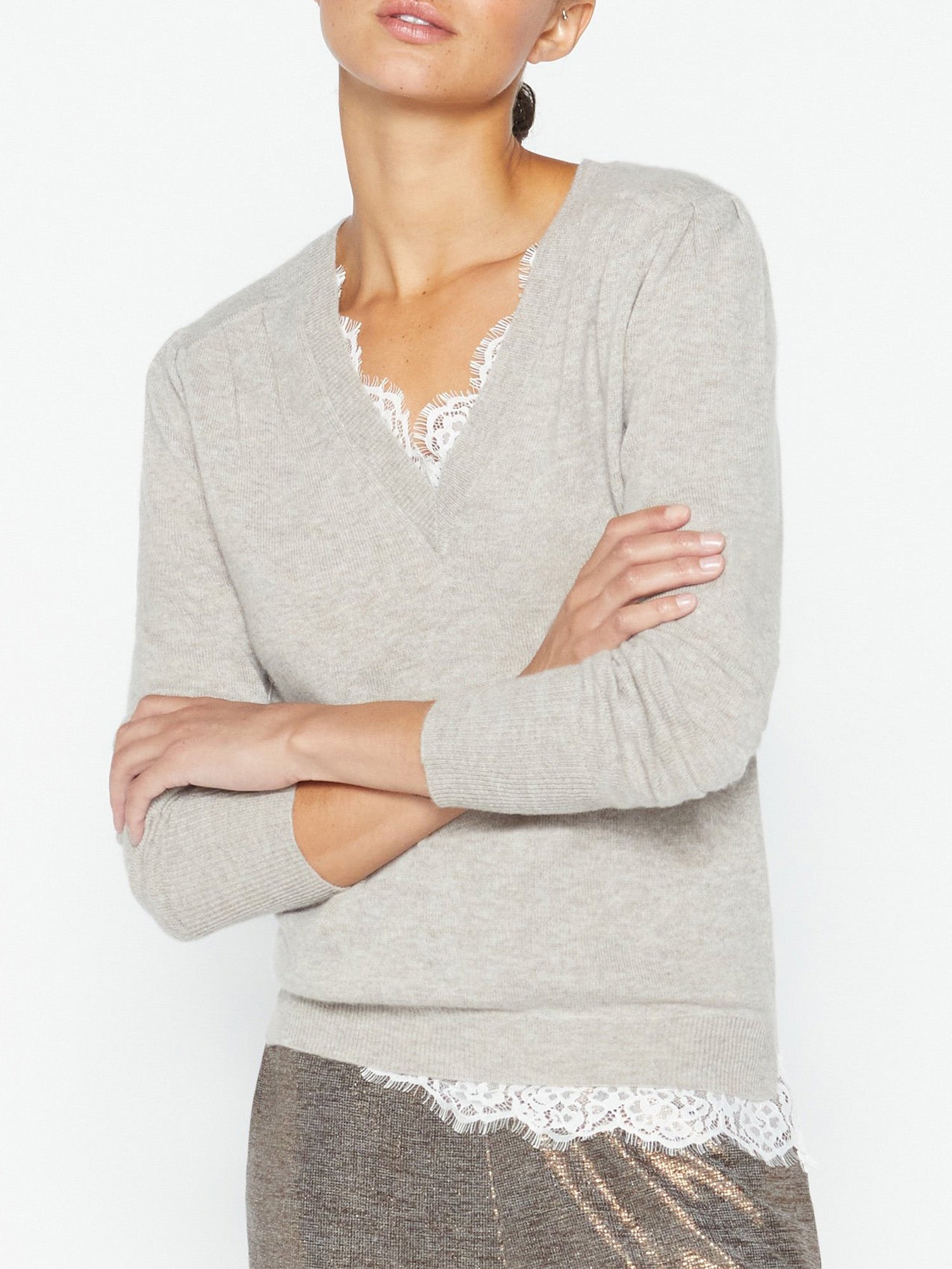 Marcella light grey lace layered v-neck sweater front view 2