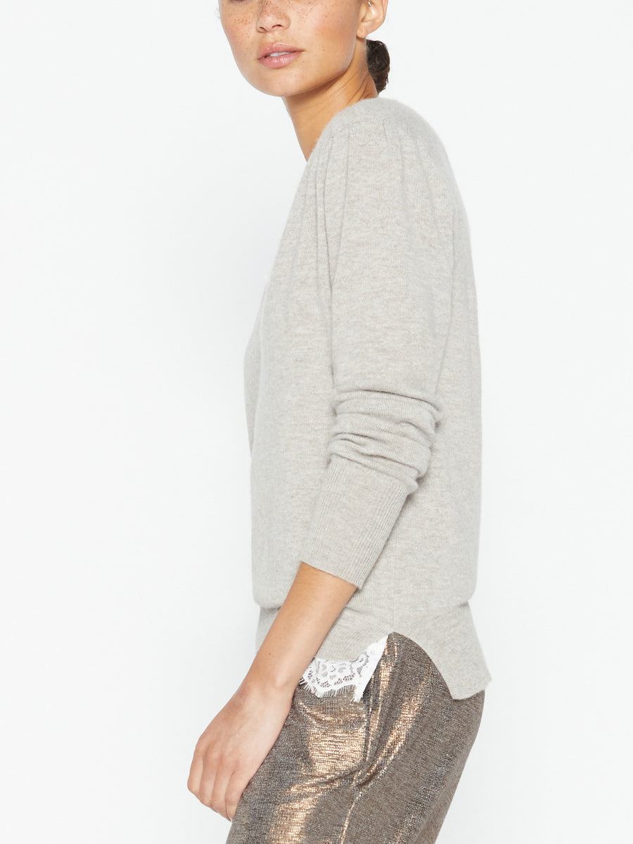 Marcella light grey lace layered v-neck sweater side view 2