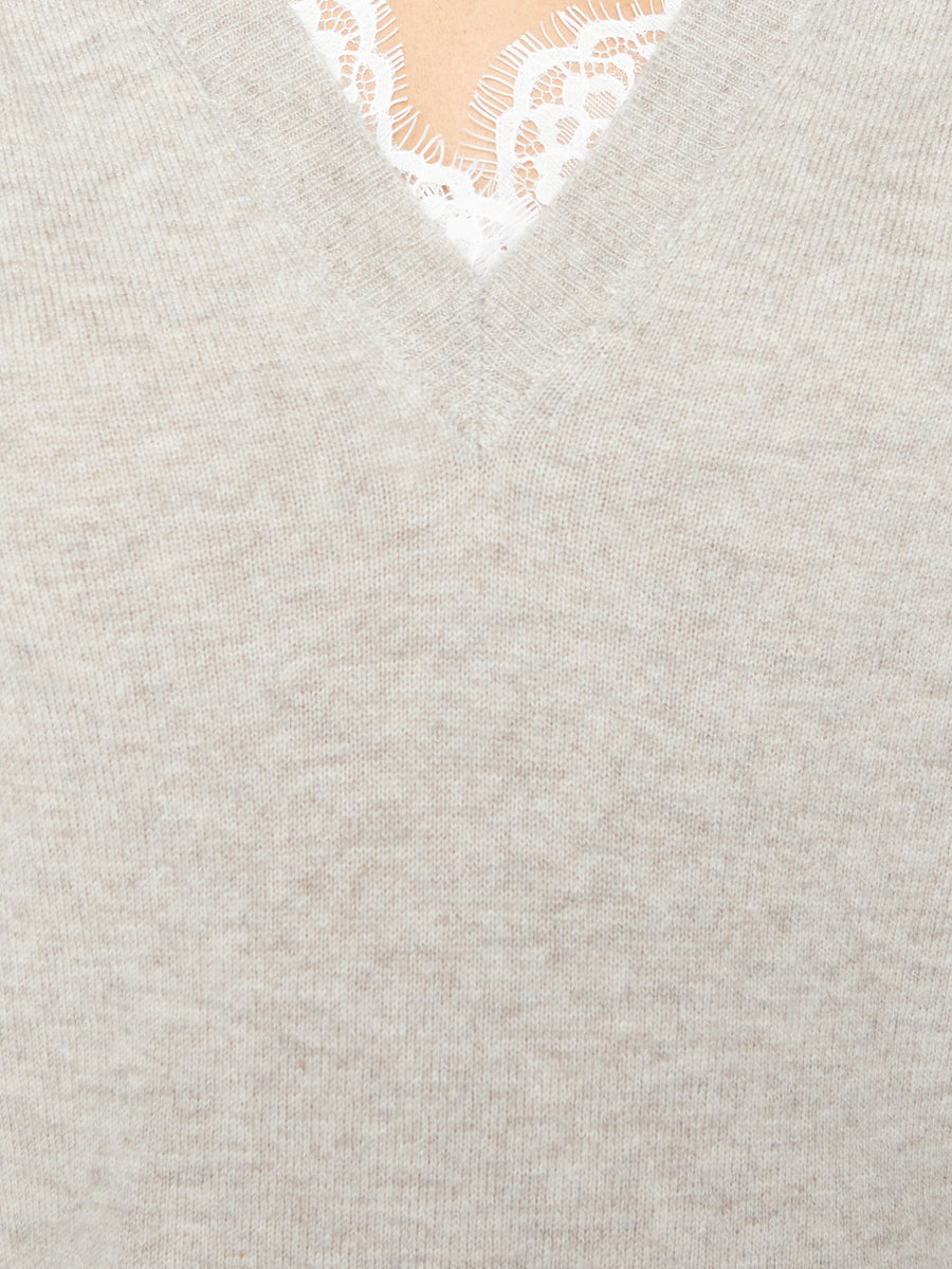 Marcella light grey lace layered v-neck sweater close up