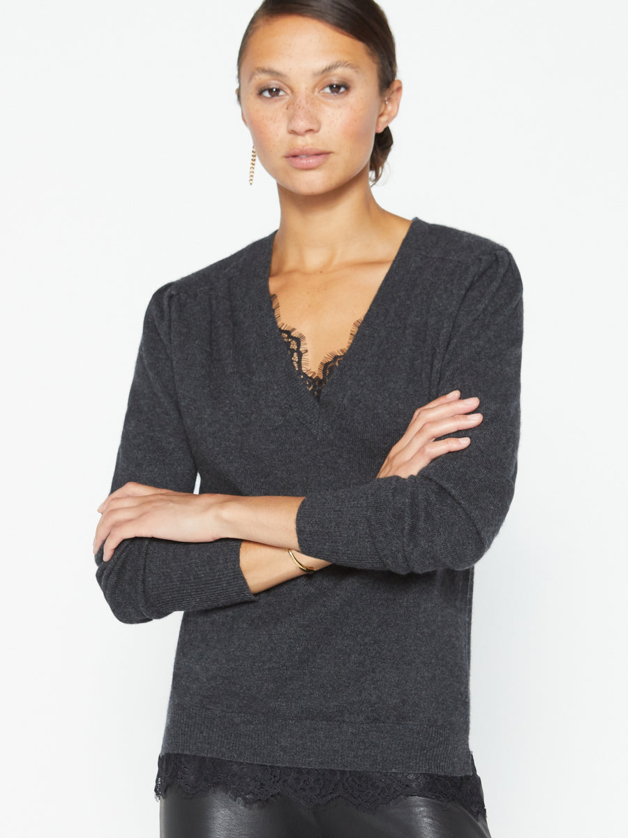 Marcella dark grey lace layered v-neck sweater front view 2
